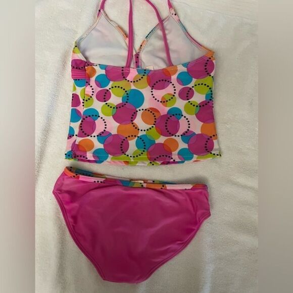 Girls medium (7/8) Xhileration pink with yellow, blue, green circles tankini - Picture 9 of 12